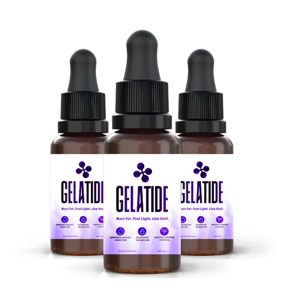 Three Gelatide amber dropper bottles photographed against a dark ground