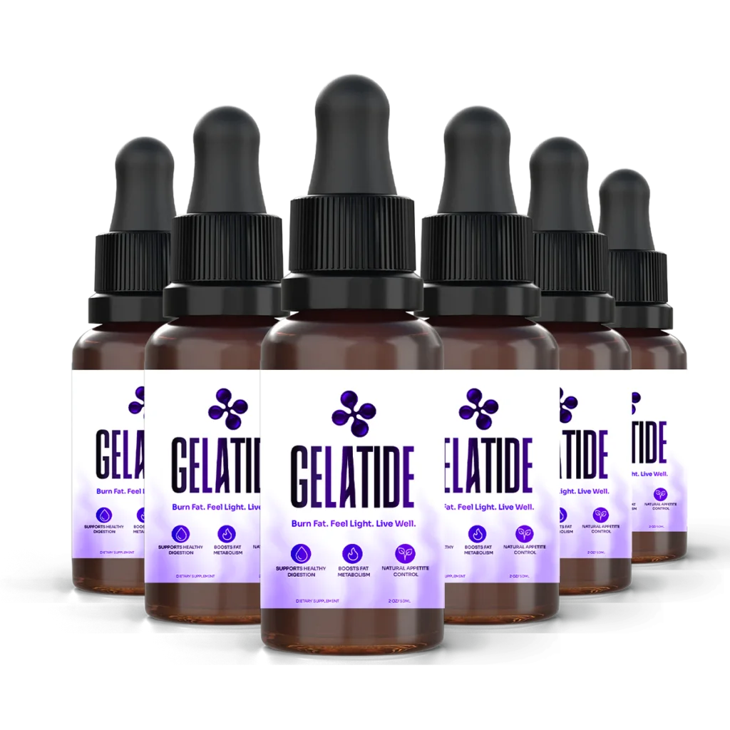 Six Gelatide bottles photographed against a dark ground