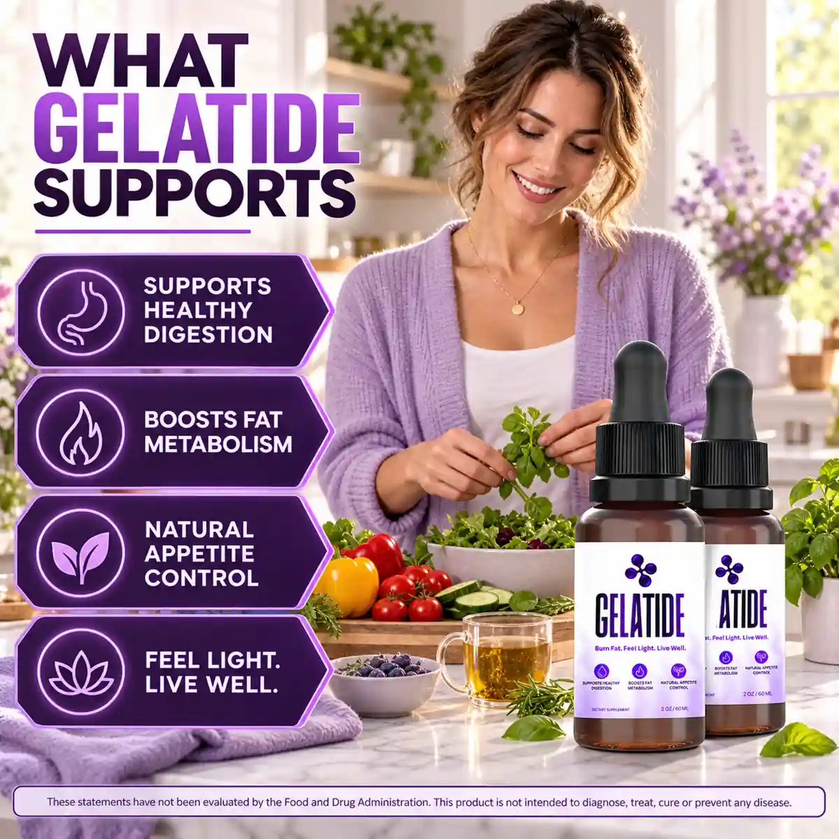 The What Gelatide Supports panel from the seller listing, showing the three claim lines and drops going into a glass of water